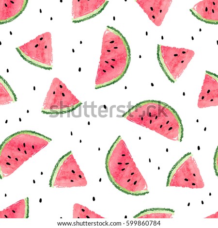 Seamless watermelons pattern. Vector background with watercolor watermelon slices. Royalty-Free Stock Photo #599860784