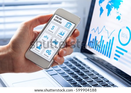 Online banking app on a mobile phone screen with a business person using finance and bank on internet