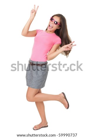 Funny woman dancing showing victory hand sign wearing cheap red sunglasses. Asian / Caucasian model isolated on white background in full length.
