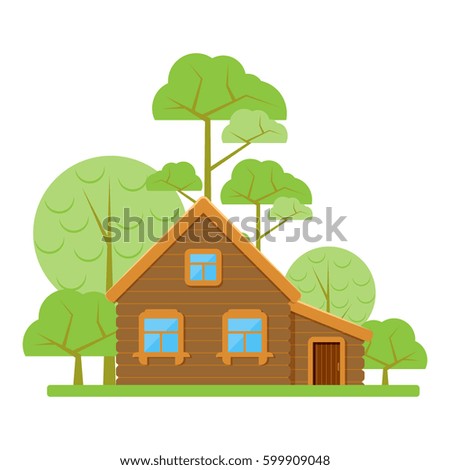 Wooden country house with annex. The style flat. Vector.