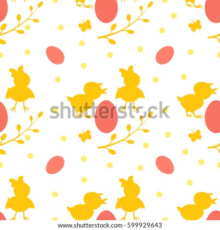 Vector illustration with yellow and orange silhouettes. Easter seamless pattern.Flowers, willow ,Chicks, butterflies. The gift packaging, wrapping, paper 