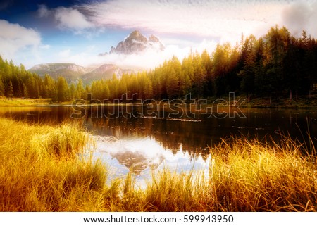 Scenic surroundings of the Antorno lake in National Park Tre Cime di Lavaredo. Picturesque and gorgeous scene. Location place Auronzo, Misurina, Dolomiti alps, South Tyrol Italy, Europe. Beauty world.