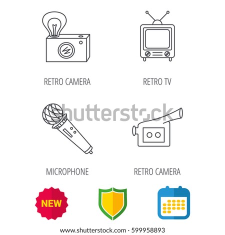 Photo, video camera and microphone icons. Vintage TV linear sign. Shield protection, calendar and new tag web icons. Vector