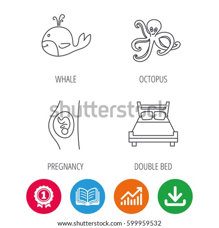 Whale, octopus and double bed  icons. Pregnancy linear sign. Award medal, growth chart and opened book web icons. Download arrow. Vector