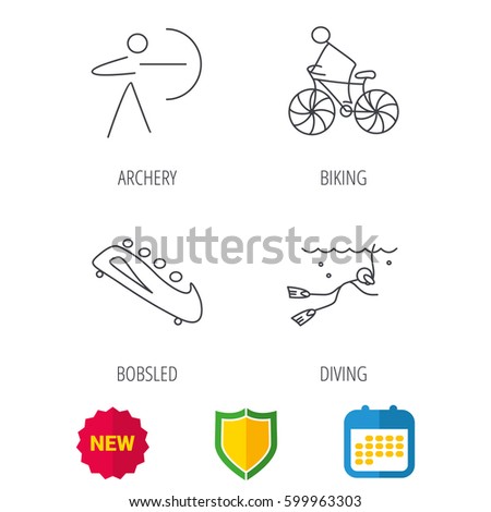 Diving, biking and archery icons. Bobsled linear sign. Shield protection, calendar and new tag web icons. Vector