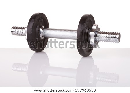 Chrome metal dumbbell isolated on white with reflection