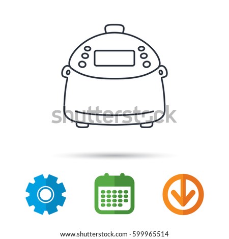 Multicooker icon. Kitchen electric device symbol. Calendar, cogwheel and download arrow signs. Colored flat web icons. Vector