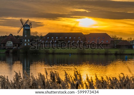 Old windmill at sunset near Caldecotte Lake in Milton Keynes. England