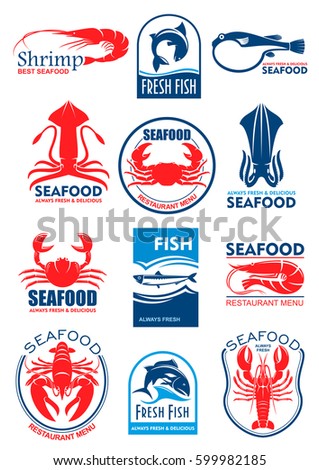 Seafood and fish food icons and symbols of squid or cuttlefish, lobster crab and shrimp prawn, tuna, salmon or trout and fresh herring. Vector icons set for restaurant menu or sign