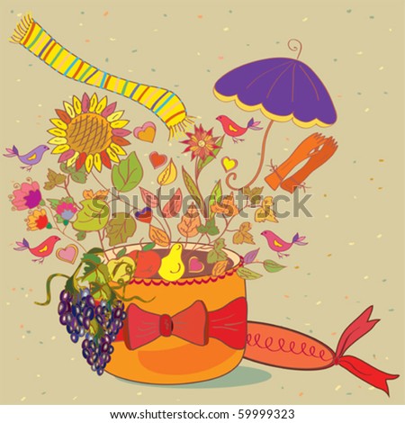 Autumn present with leaves, flowers, accessories