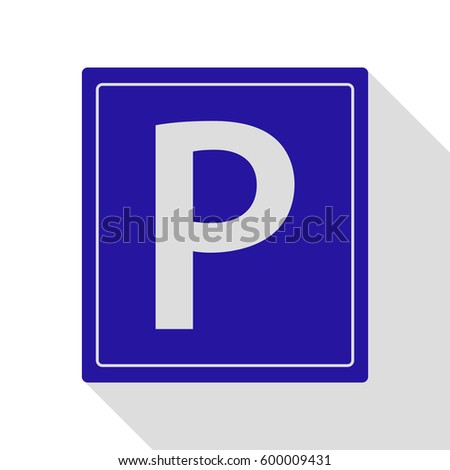 Parking sign illustration. Vector. Blue icon with flat style shadow path on white background.