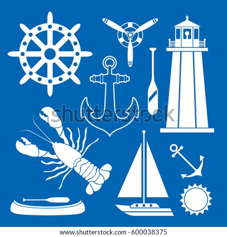 A collection of flat vector nautical icons including anchors, boats, paddles, and a lighthouse.