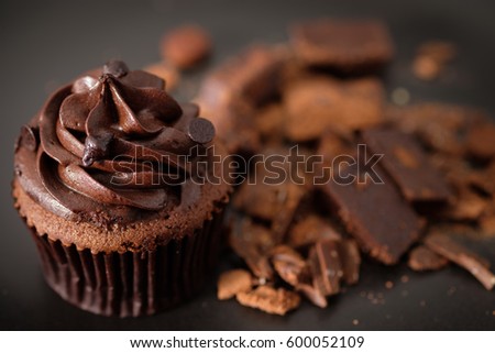 Chocolate cupcake on ceramic dish in Dark lighting, AF point selection.