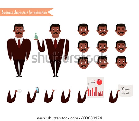 African American character for scenes.Parts of body template for animation. Funny office man cartoon.Vector illustration isolated on white background. Business Elements for web design.Emoji face icons