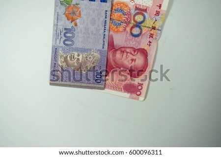 Soft focus images of Malaysian and Chinese currency banknotes on isolated background