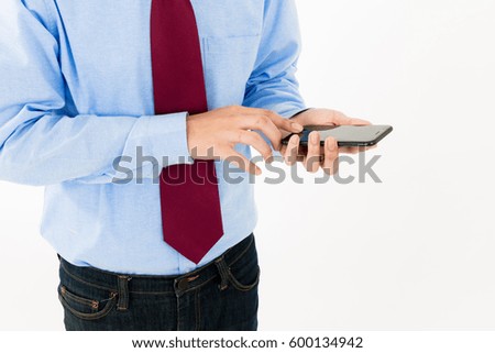 Young business man using mobile phone isolated in white background. Asian worker in shirt and red tie using a smart phone device for fintech, shopping, technology, digital, mix media, mobile app
