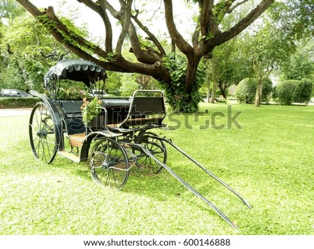 A carriage picture in the middle of a beautiful garden.