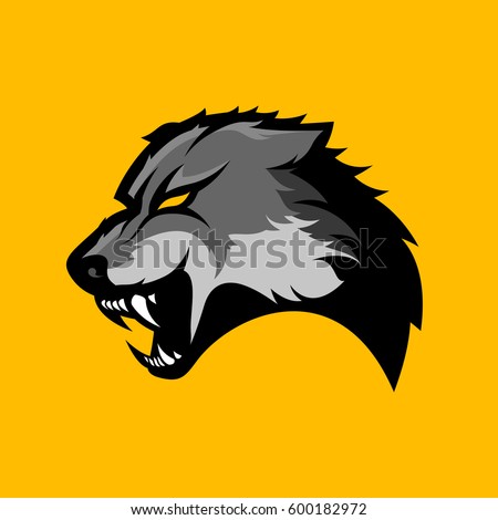 Furious wolf head sport vector logo concept isolated on yellow background. Modern predator professional team badge design. Premium quality wild animal t-shirt tee print illustration.