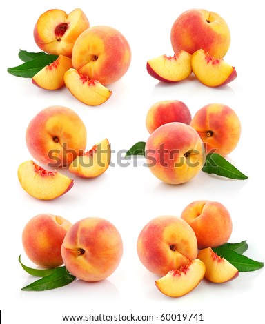 set fresh peach fruits with cut and green leaves isolated on white background Royalty-Free Stock Photo #60019741