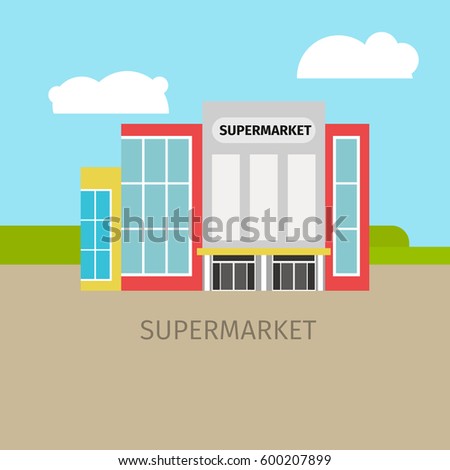 Colored supermarket building with sky and clouds, vector illustration