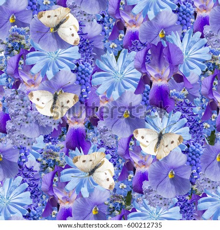 Collage with isolated blue flowers and white butterflies. Summer or Spring seamless pattern.