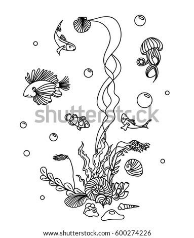 Sea Elements Pattern. Collection of marine plants, leaves and seaweed. Vintage set of black and white hand drawn marine flora