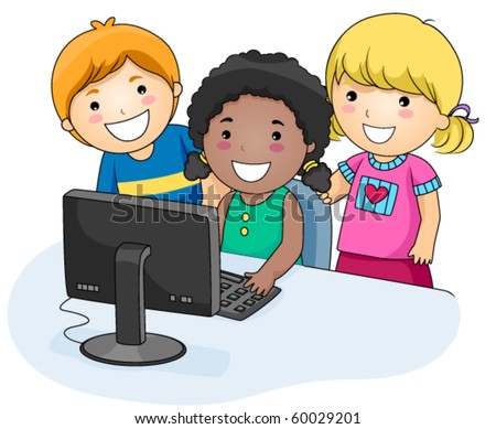 A Small Group of Kids Using a Computer - Vector