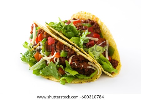 Traditional Mexican tacos with meat and vegetables, isolated on white background

