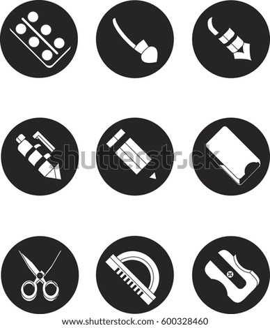 Office stationery black and white icons on grey background with shadows