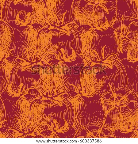 Seamless pattern of tomato. Retro background. Vintage style. Linear graphic design. Colored image of vegetables. Vector illustration.