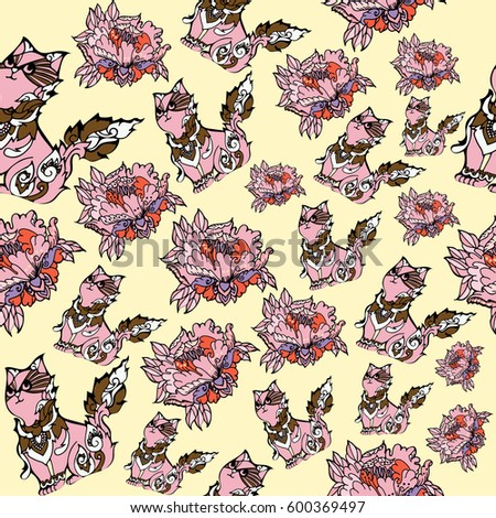 Seamless pattern. Cat. Flowers. Asian style. Thailand. Vector