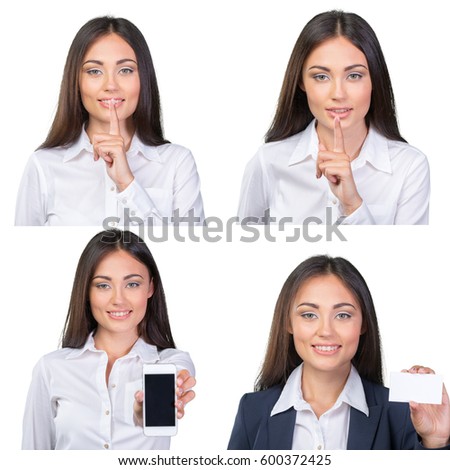 woman portrait isolated over white background. Collage