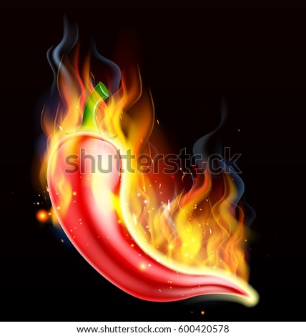 A hot spicy red chilli pepper on fire, covered in flames