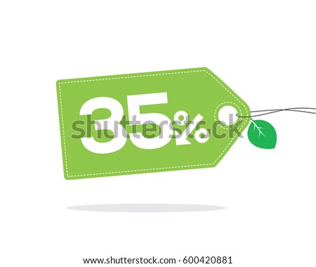 Green price tag label with 35% text designed with an arrow percent icon and stitches on it with a leaf and shadow isolated on white background. For spring and summer sale campaigns.