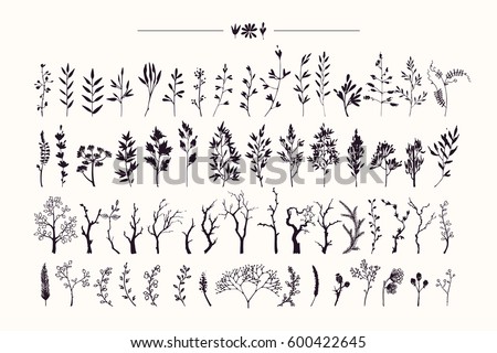 Tree branches & plants silhouettes made with ink. Big hand drawn collection of rustic and floral design elements: wood twigs, sticks, forest, driftwoods, flowers & leaves. Isolated vector set. Royalty-Free Stock Photo #600422645