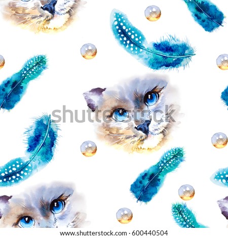 animal collection: Cat. Watercolor illustration home pets. Seamless pattern