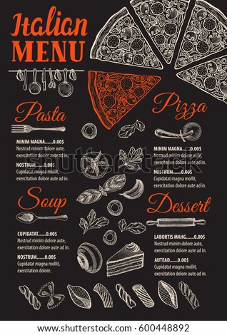 Pizza food menu for restaurant and cafe. Design template with hand-drawn graphic elements in doodle style.