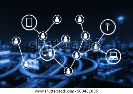  worldwide technology communication, network connection, social media and technology concept on blurred night city background, color tone effect.