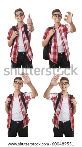 Cute teenager boy in red checkered shirt and glasses with school bag, gesturing thumb up over white isolated background, half body, as school, education concept