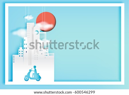 City bike paper art style with city background vector illustration