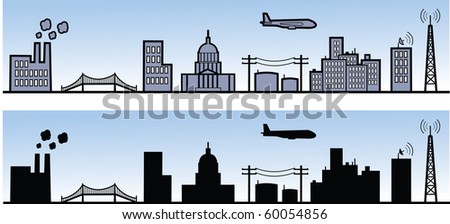 Various city element in rendered and silhouette views.