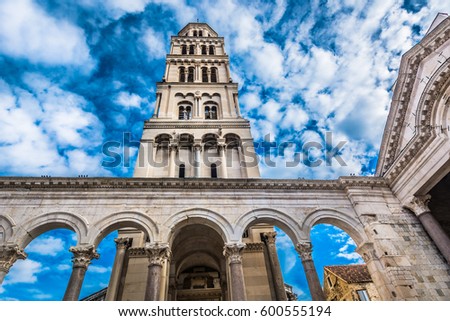 Picturesque view at cathedral bell tower in famous touristic town Split, Croatia. / Selective focus. Royalty-Free Stock Photo #600555194