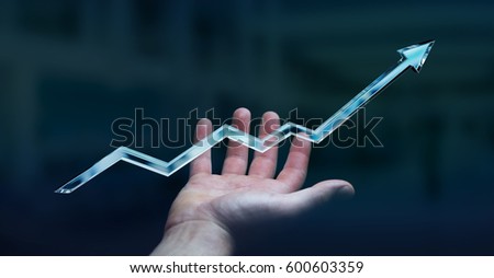 Businessman holding digital blue arrow in his hand 3D rendering