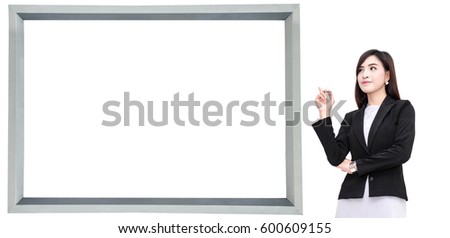 Business woman pointing at blank billboards for new advertisement commercial concept idea large LCD advertisement commercial isolated on white background