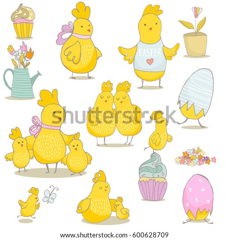 Spring and Easter clip art. Mommy with chicken, eggs, cupcakes, watering can. Cute Chicks isolated. Hand drawn vector Illustration