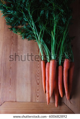 Fresh carrots with green leaves on a wooden table. 