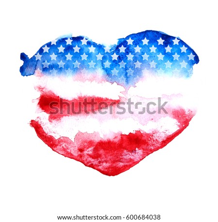 American flag in heart shape.  I Love USA, red and blue isolated symbol on white background. Hand drawing. Print on the T-shirt. Background for the holiday on July 4th. Watercolor texture.