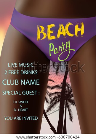 Beach party poster with bottom part of girl in swim panty and summer landscape on the background