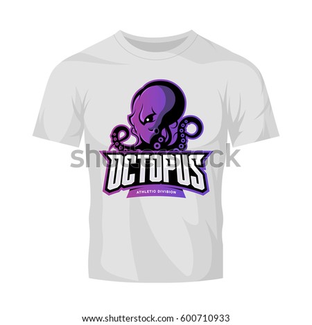 Furious octopus sport vector logo concept isolated on white t-shirt mockup. Modern professional team badge design. Premium quality wild cephalopod mollusk t-shirt tee print illustration.