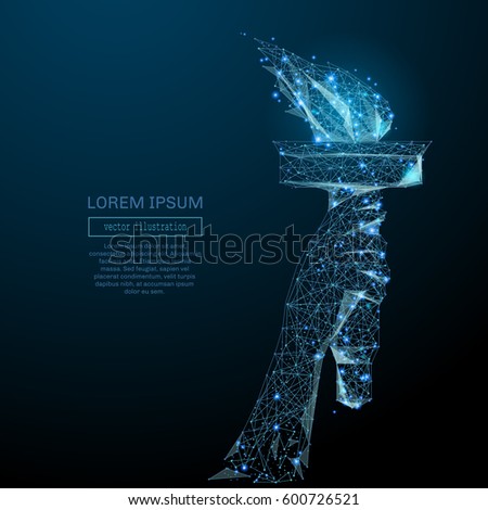 Abstract image of a Torch in hand in the form of a starry sky or space, consisting of points, lines, and shapes in the form of planets, stars and the universe. Vector business wireframe concept.